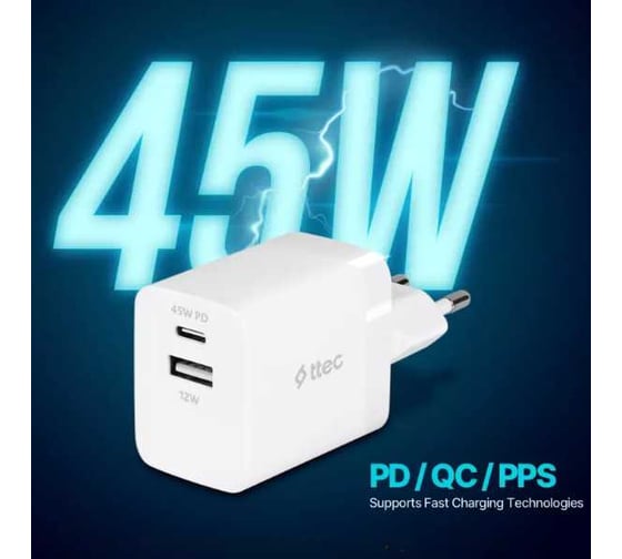 Сетевое зарядное устройство TTEC SmartCharger 45W PD Duo Travel Charger USB-C+USB-A, белый 2SCP02B