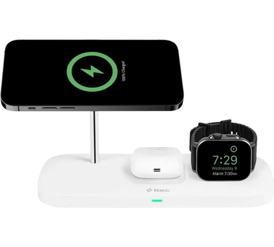Беспроводная зарядка TTEC 3-в-1 AirCharger Trio Up MagSafe compt. 3 in 1 iPhone + Apple Watch + AirPodsWireless Charger, белый 2KS32B