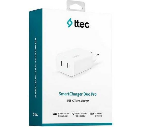 Сетевое зарядное устройство TTEC SmartCharger Duo GAN PD 50W Fast Travel Charger USB-C + USB-C. Цвет: белый 2SCG01B
