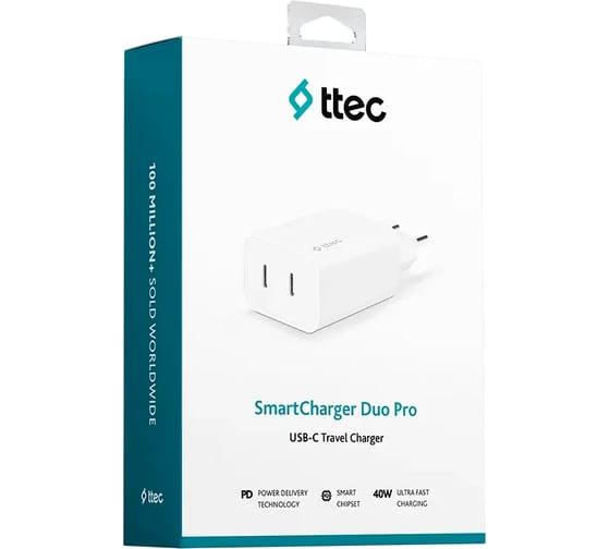 Сетевое зарядное устройство TTEC SmartCharger Duo PD 40W Travel Charger USB-C + USB-C. Цвет: белый 2SCS27B