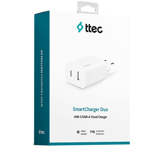 Сетевое зарядное устройство TTEC SmartCharger Duo USB-C+USB-A Travel Charger 2.4A. Цвет: белый 2SCS25B