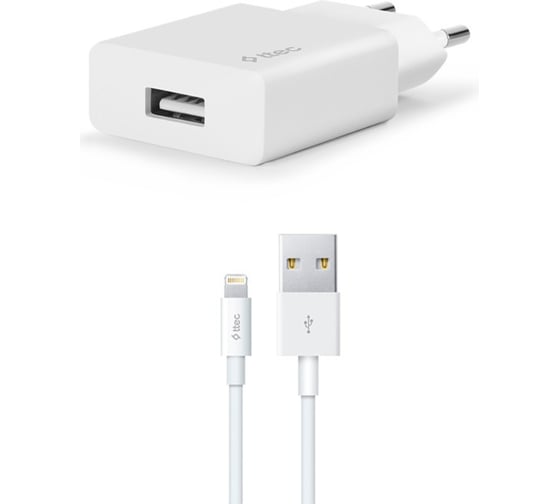 Сетевое зарядное устройство TTEC SmartCharger Travel Charger 2.1A с кабелем Lightning для зарядки и передачи данных. Цвет: белый 2SCS20LB