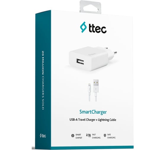Сетевое зарядное устройство TTEC SmartCharger Travel Charger 2.1A с кабелем Lightning для зарядки и передачи данных. Цвет: белый 2SCS20LB