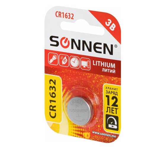 Батарейка литиевая SONNEN Lithium CR1632, "таблетка, дисковая, кнопочная", 1 шт, блистер, 457138