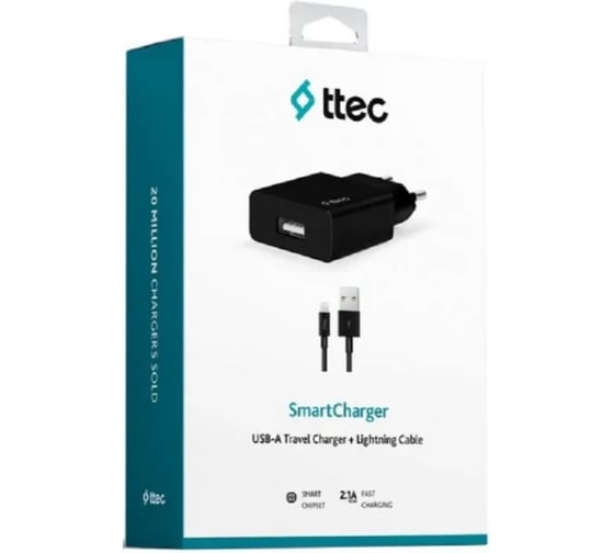 Сетевое зарядное устройство TTEC SmartCharger Travel Charger 2.1A с кабелем Lightning для зарядки и передачи данных. Цвет: черный 2SCS20LS