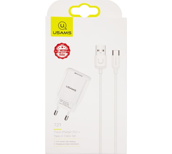 Сетевое зарядное устройство USAMS 1 USB T18 2,1A + кабель Type-C 1m УТ000027073