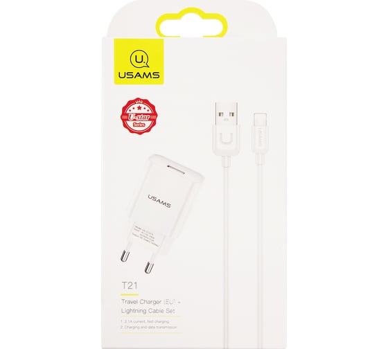 Сетевое зарядное устройство USAMS 1 USB T18 2,1A + кабель Lightning 1m УТ000027071 1