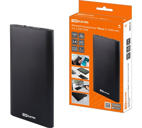 Внешний аккумулятор TDM ELECTRIC "Юкон 1", 6000 mAh, 2 А, 2 USB, SQ1703-0001