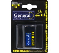 Алкалиновые (щелочные) батарейки General Lighting Systems Крона General GBAT-6LR61, напряжение 9В, 1 штука в блистере 800563