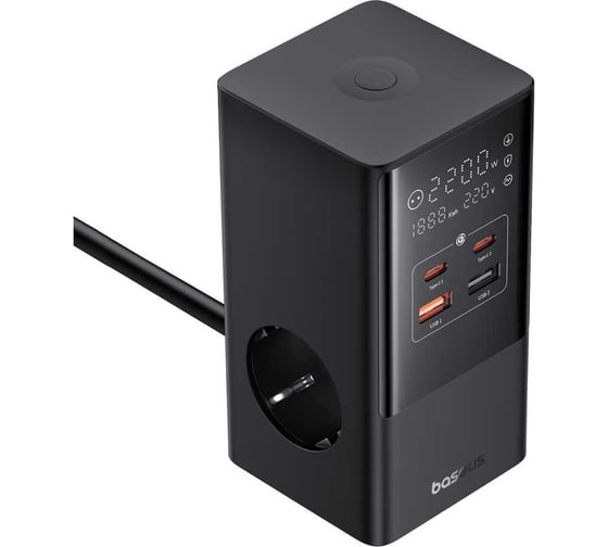 Сетевое зарядное устройство Baseus PowerCombo Tower Digital PowerStripAC_3+А_2+C_2 35W с Digital дисплеем и встроенным сетевым кабелем 1.5m Black/черный BAS-E0002360611300