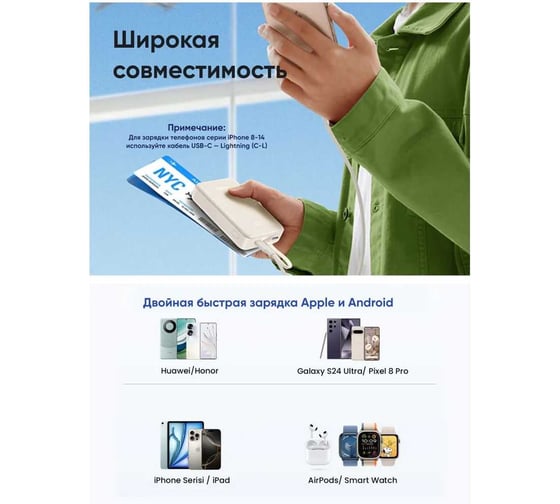 Внешний аккумулятор UGREEN PB521 45207 20000mAh PD30W Power Bank со встроенным кабелем USB-C. Цвет: белый 45207_