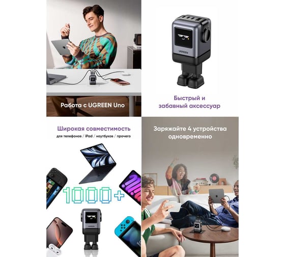 Сетевое зарядное устройство UGREEN в виде робота X688 UNO 100W 4-Port GaN USB-A+3хUSB-C Fast Charger EU. Цвет: серый 45515B