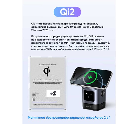 Беспроводное зарядное устройство UGREEN W709 45775 UNO 2-in-1 Robot Magnetic Wireless Charger 20W for iPhone AirPods с кабелем USB-C-USB-C 1м. Цвет: серый 45775_