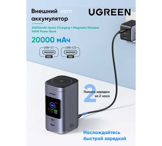 Внешний аккумулятор UGREEN PB771 20000mAh Quick Charging + Magnetic Wireless 145W Power Bank. Цвет: серый 35527B