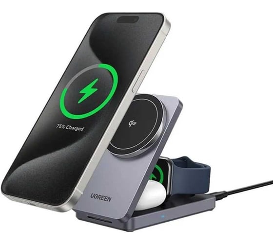 Зарядное устройство UGREEN 3-в-1 W707 45025 3-in-1 25W Wireless Magnetic Charger Qi2 для Apple Watch/ Iphone/Airpods. Цвет: серый 45025_