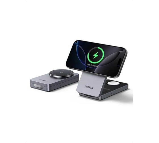 Зарядное устройство UGREEN 3-в-1 W707 45025 3-in-1 25W Wireless Magnetic Charger Qi2 для Apple Watch/ Iphone/Airpods. Цвет: серый 45025_