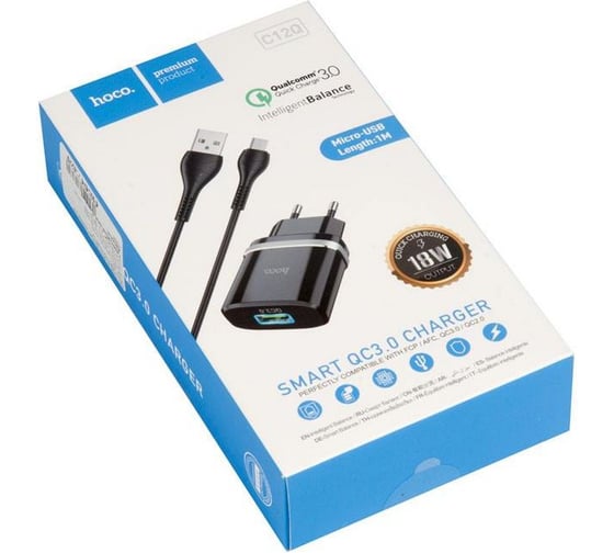 Зарядное устройство Hoco c12Q Smart QC3.0, кабель Micro USB, один порт USB, 5V, 3.0A, черный 819514