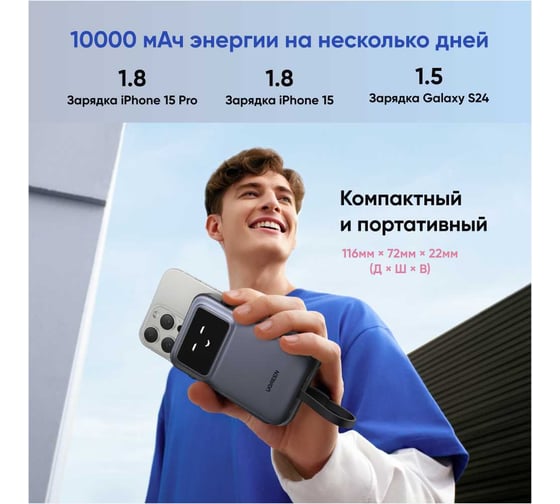 Внешний аккумулятор PB511 UNO 10000mAh 30W Power Bank with DisplayBuild-in со встроенным кабелем USB-C. Цвет: серый Ugreen 35603B