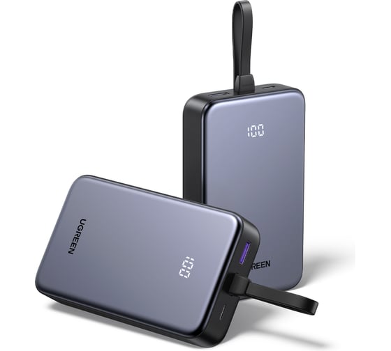 Внешний аккумулятор PB505 45762 20000mAh Quick Charging Power Bank 20W со встроенным кабелем USB-C. Цвет: серый Ugreen 45762_