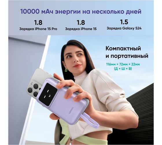 Внешний аккумулятор PB511 UNO 10000mAh 30W Power Bank with DisplayBuild-in со встроенным кабелем USB-C. Цвет: фиолетовый Ugreen 35604B
