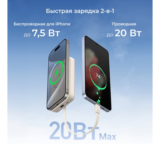 Внешний аккумулятор PB760 10000mAh MIni Magnetic Wireless 20W Power Bank со встроенным кабелем USB-C. Цвет: белый Ugreen 35341B