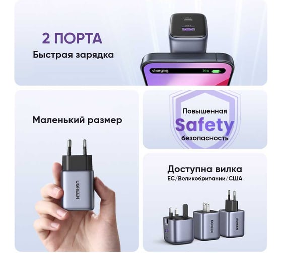 Сетевое зарядное устройство UGREEN CD350 15539 Nexode 35W USB-A - USB-C Wall Charger EU. Цвет: серый 15539_