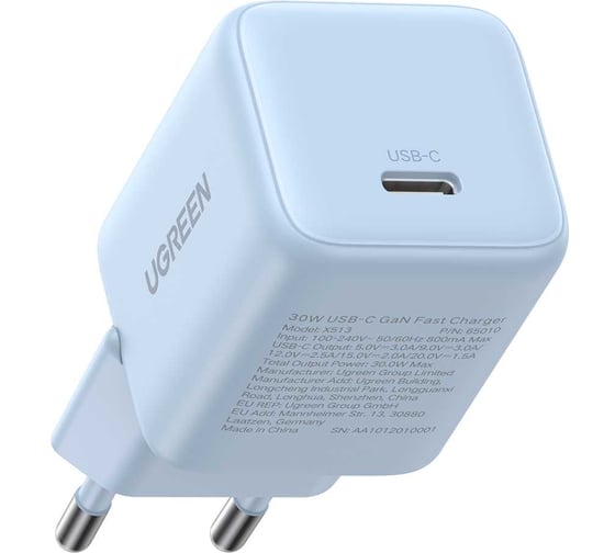 Сетевое зарядное устройство UGREEN X513 65010 30W USB-C GaN Fast Charger EU. Цвет: синий 65010_