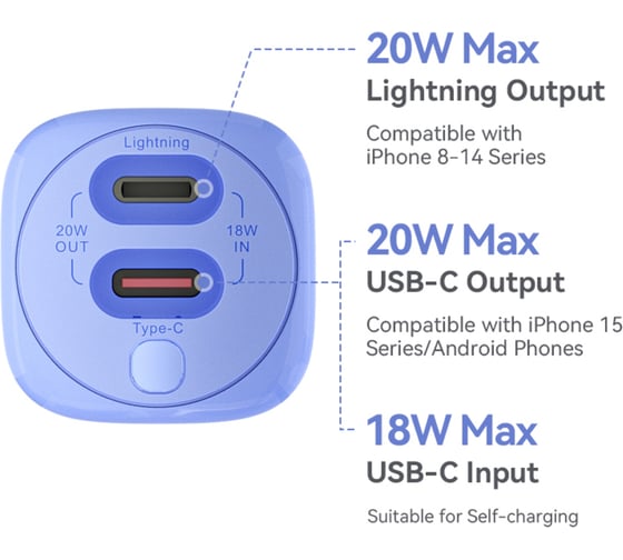 Power Bank VENTION 5000mAh(USB-C + Lightning) 20W серо-белый FHWM0