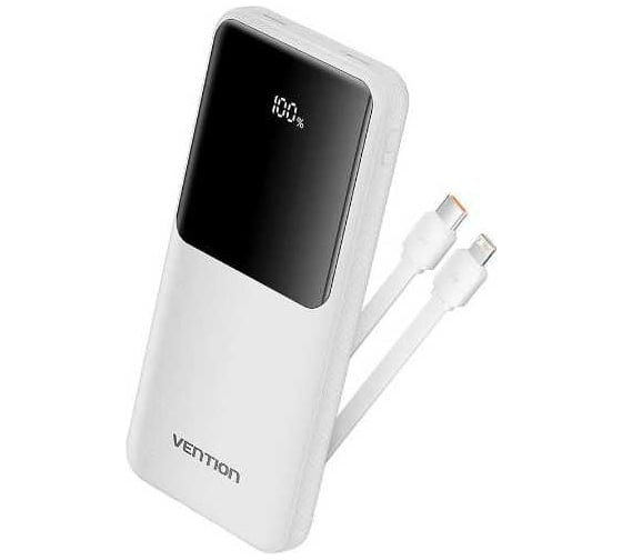Power Bank VENTION 10000mAh (Micro-USB/C/A/A) со встроенными кабелями 22.5W белый с LED-дисплеем FHOW0 1