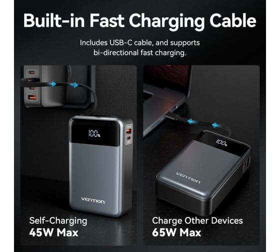 Power Bank VENTION 20000mAh (USB-C + USB-C/USB-A) со встроенным кабелем 65W с LED-дисплеем FHYB0