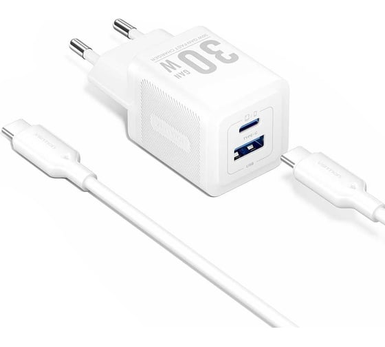Набор для зарядки VENTION GaN 30W з/у 2 порта USB (C + A) и кабель USB-C 3А белый TZ-FEQW0-EU-01