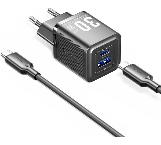 Набор для зарядки VENTION GaN 30W з/у 2 порта USB (C + A) и кабель USB-C 3А черный TZ-FEQB0-EU-01