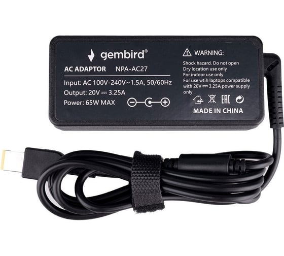 Блок питания Gembird для ноутбуков Lenovo 20В/3.25А, 65Вт, штекер Flat NPA-AC27