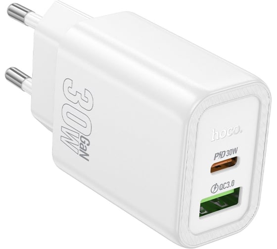Зарядное устройство Hoco 30Вт, 3А, QC3.0/PD, 1xUSB, 1xType-C, N63, белый, коробка, 6942007644365 1