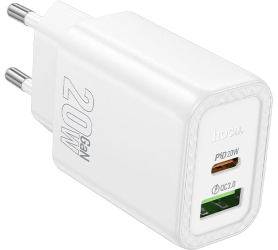 Зарядное устройство Hoco 20Вт, 3А, QC3.0/PD, 1xUSB, 1xType-C, N61, белый, коробка, 6942007644242 1