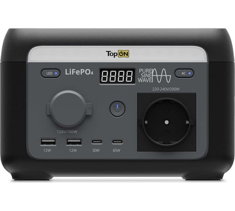 Портативная электростанция TopOn LFP 200 Вт, розетка 220 В, авторозетка 12.6 В, 2 Type-C, 2 USB, фонарь, EPS TOP-H200