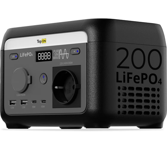 Портативная электростанция TopOn LFP 200 Вт, розетка 220 В, авторозетка 12.6 В, 2 Type-C, 2 USB, фонарь, EPS TOP-H200