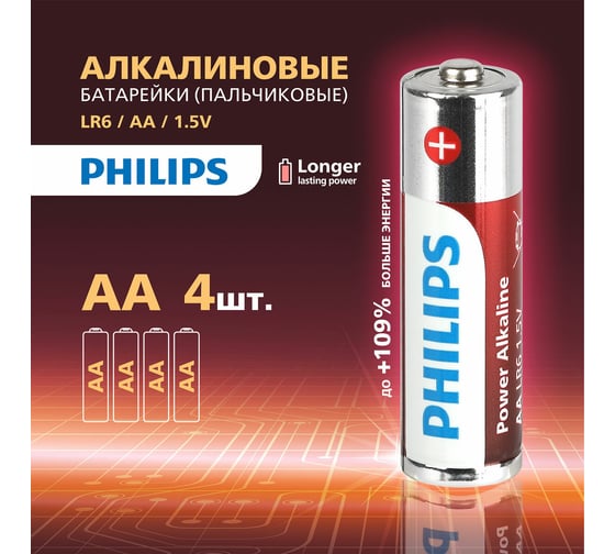 Батарейки алкалиновые пальчиковые ОФИСМАГ комплект 4 шт PHILIPS Power Alkaline, АА (LR6,24А) блистер 457386