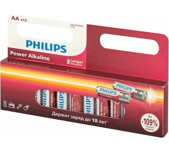 Батарейки алкалиновые пальчиковые ОФИСМАГ комплект 12 шт PHILIPS Power Alkaline, АА (LR6,24А) блистер 457394