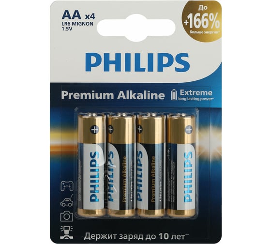 Батарейки алкалиновые пальчиковые ОФИСМАГ комплект 4 шт PHILIPS Premium Alkaline, АА (LR6,24А) блистер 457389