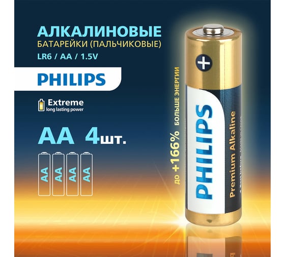 Батарейки алкалиновые пальчиковые ОФИСМАГ комплект 4 шт PHILIPS Premium Alkaline, АА (LR6,24А) блистер 457389