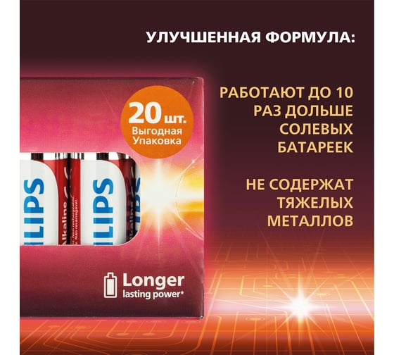 Батарейки алкалиновые пальчиковые ОФИСМАГ комплект 20 шт PHILIPS Power Alkaline, АА (LR6,24А) блистер 457396