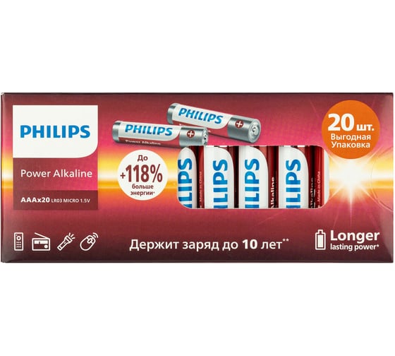 Батарейки алкалиновые мизинчиковые ОФИСМАГ комплект 20 шт PHILIPS Power Alkaline, ААА (LR03,15А) блистер 457397