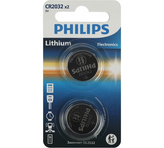 Батарейки литиевые ОФИСМАГ PHILIPS Lithium CR2032 таблетки, дисковые, кнопочные комплект 2 шт, блистер 457388