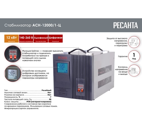 Стабилизатор Ресанта АСН 12000/1 Ц 63/6/10