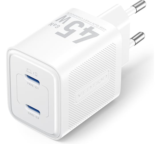 Сетевое зарядное устройство VENTION на 2 порта USB С+C GaN 45W, белый FEFW0-EU