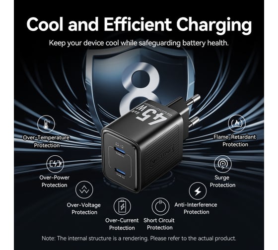 Сетевое зарядное устройство VENTION на 2 порта USB С+C GaN 45W, белый FEFW0-EU