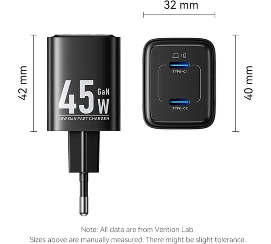 Сетевое зарядное устройство VENTION на 2 порт USB С+C GaN 45W Чёрный FEFB0-EU