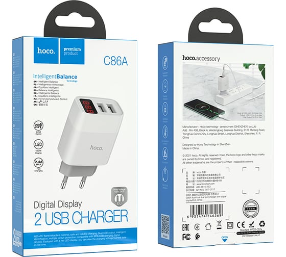 Зарядное устройство Hoco C86A LED экран, два порта USB, 5V, 2.4А, белый 811474