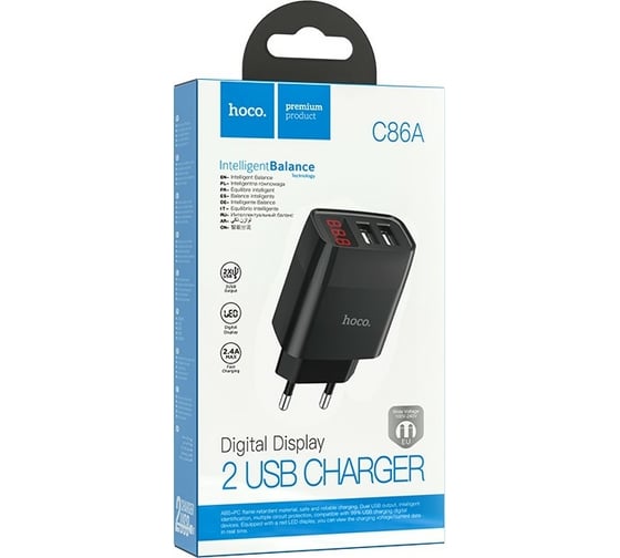 Зарядное устройство Hoco C86A LED экран, два порта USB, 5V, 2.4А, черный 811478